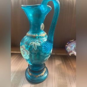 Fenton Teal Blue Hand Painted Pitcher Vase